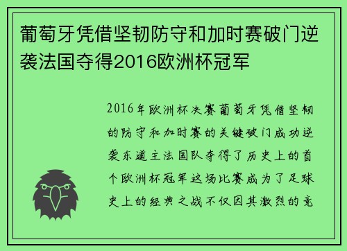 葡萄牙凭借坚韧防守和加时赛破门逆袭法国夺得2016欧洲杯冠军