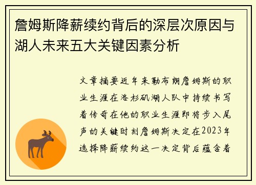 詹姆斯降薪续约背后的深层次原因与湖人未来五大关键因素分析