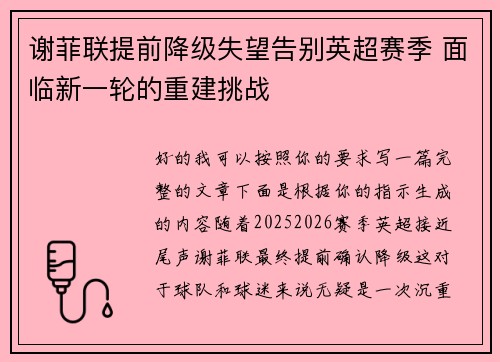 谢菲联提前降级失望告别英超赛季 面临新一轮的重建挑战