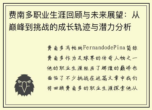 费南多职业生涯回顾与未来展望：从巅峰到挑战的成长轨迹与潜力分析